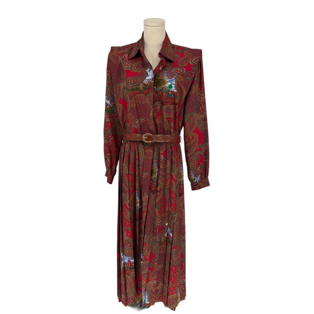Vintage Schrader Maxi Dress Red Paisley Equestrian Hunt Scene Belted 12‎